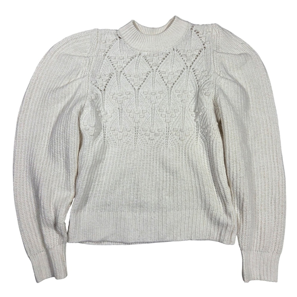 A New Day Womens Cream Puff Sleeve Open Knit Bobble Crew Neck Sweater Small Boho